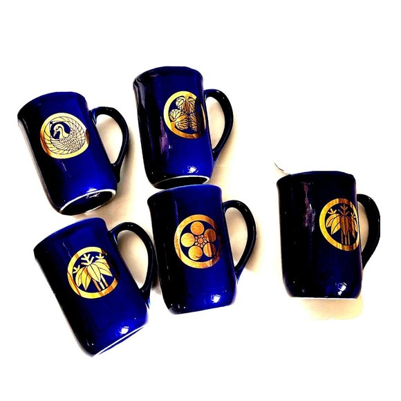 Asian Design Skinny Coffee Mug Cup Cobalt Blue Shiny Gold Signs Set 5  Vintage - Picture 2 of 10